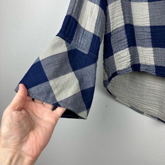 Cloth & Stone Blue Gingham Plaid Knotted High Low Blouse Large - Picture 4 of 11